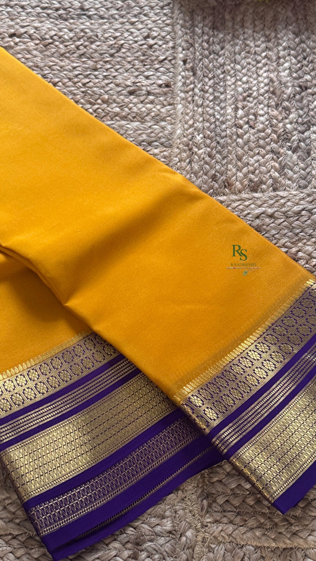 SIRI VAIBHAVA | Pure Mysore Crepe Silk Saree - Mustard Yellow and Purple Border