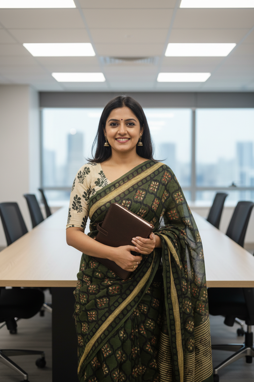 Office Wear Mul Cotton : Dark Green and Beige