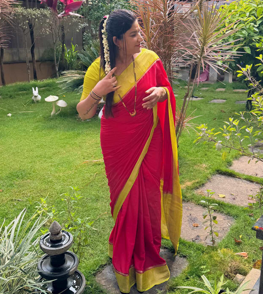 2D Saree with Mango Boarder  - Red and Green