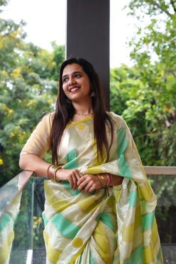 SIRI RADHA | Semi Silk Solid Mint Green and Light Yellow