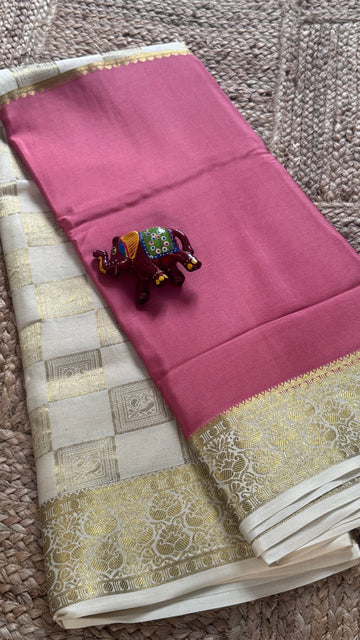 SIRI ROYAL | Mysore Silk Saree Rose Pink with Ivory White Gold Zari Border
