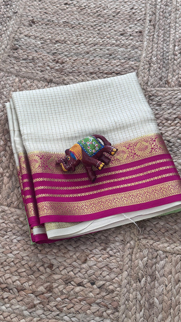 SIRI MOHINI | Mint Green with Ivory White & Rani Pink Gold Zari Border