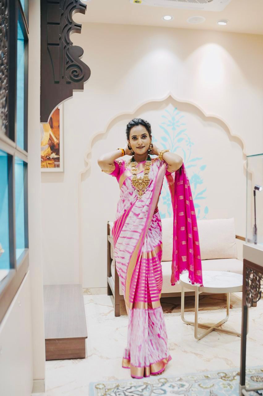 1.Pure Mysore Silk Saree - Shibori Center Stripes - Baby Pink and White
