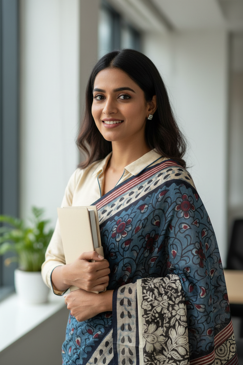 Office Wear Mul Cotton : Indigo and Beige