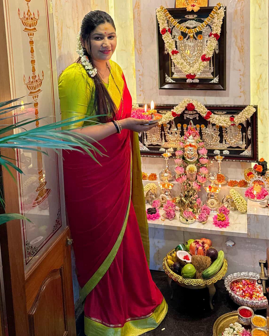 2D Saree with Mango Boarder  - Red and Green