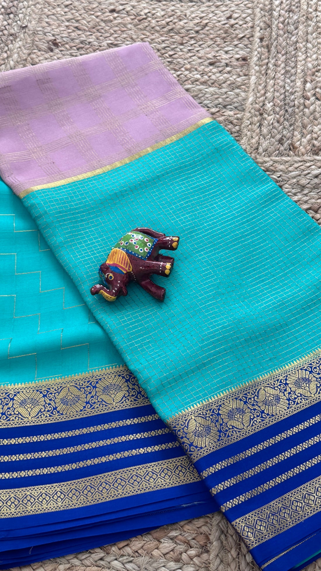 SIRI MOHINI | Lavender with Aqua Blue & Royal Blue Gold Zari Border