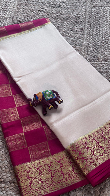 SIRI ROYAL | Mysore Silk Saree Ivory White with Rani Pink Gold Zari Border