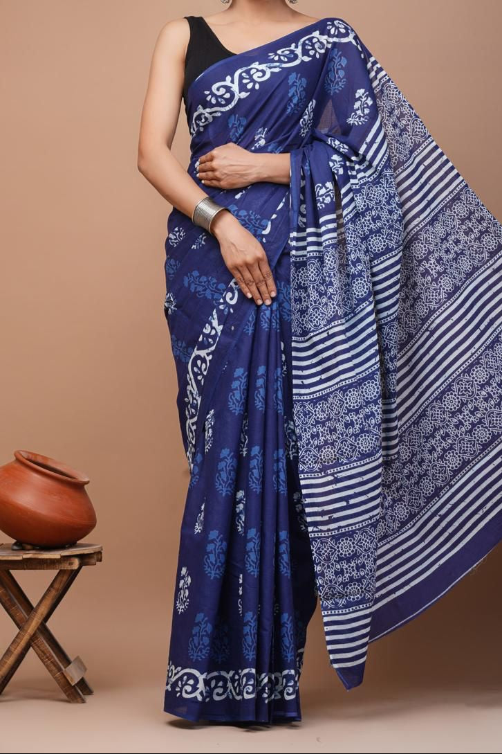 Mul Mul Cotton Sarees - Blue and White