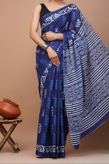Mul Mul Cotton Sarees - Blue and White