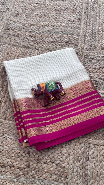 SIRI MOHINI | Champagne Beige with Ivory White & Rani Pink Gold Zari Border