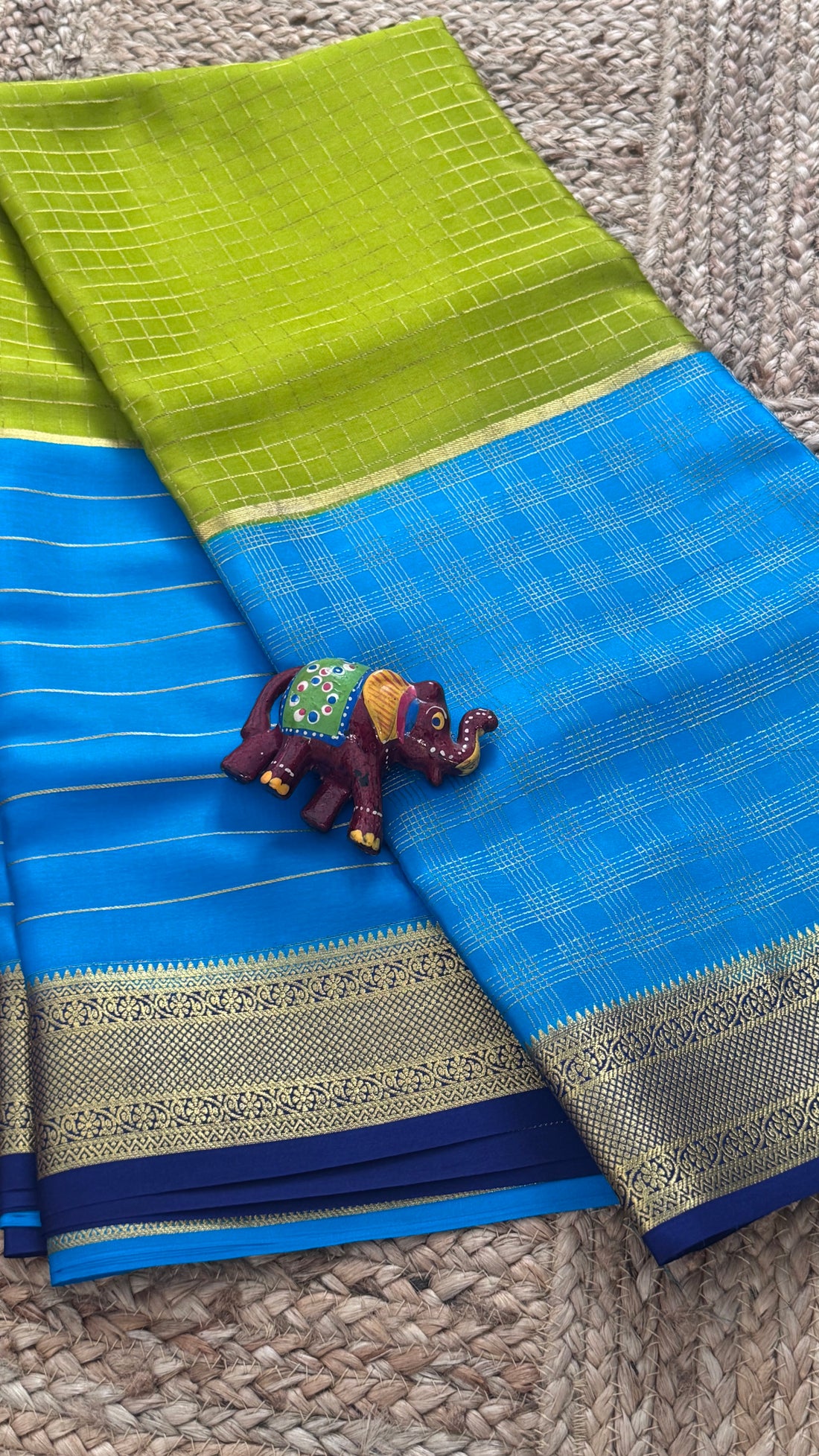 SIRI MOHINI | Parrot Green with Electric Blue Gold Zari Border