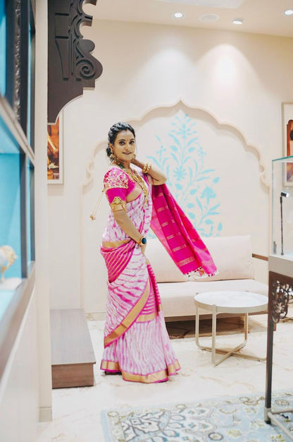 1.Pure Mysore Silk Saree - Shibori Center Stripes - Baby Pink and White