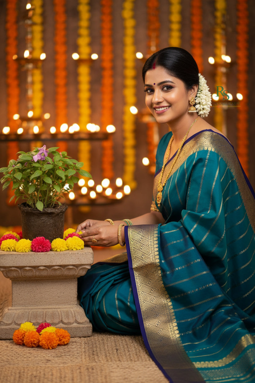 SIRI MAYURA | Mysore Silk Saree Teal Blue with Contrast Royal Blue Border