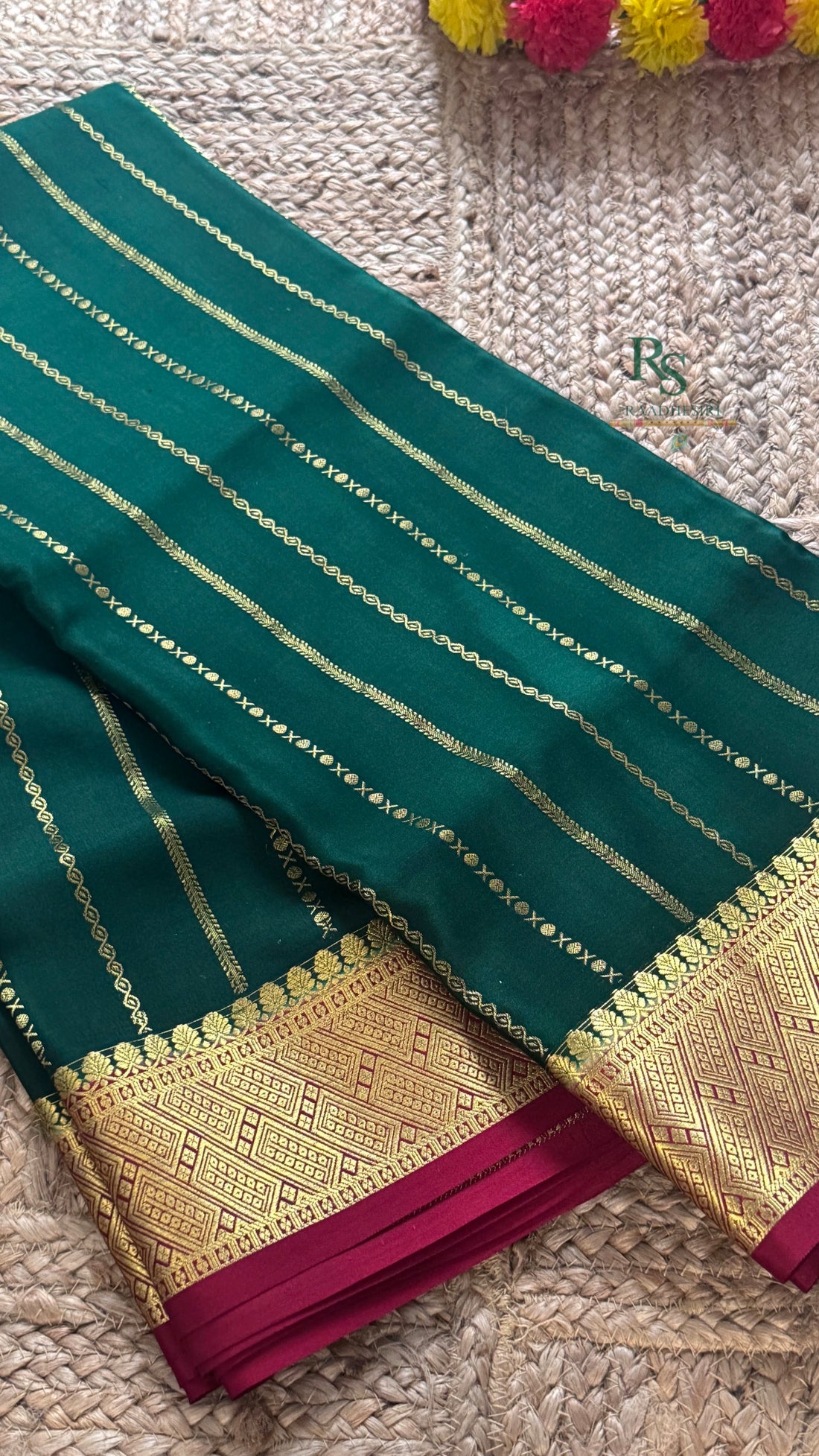 SIRI MAYURA | Mysore Silk Saree Dark Green with Contrast Red Border