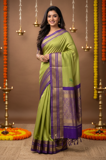 SIRI VAIBHAVA | Mysore Silk Lite - Light Green and Purple Border