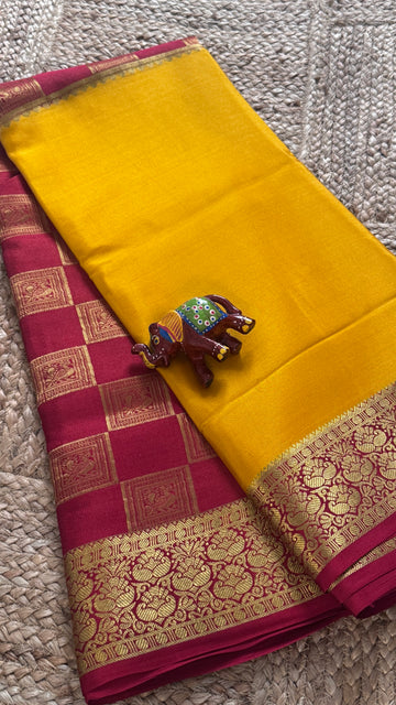 SIRI ROYAL | Mysore Silk Saree Mustard Yellow with Rani Pink Gold Zari Border