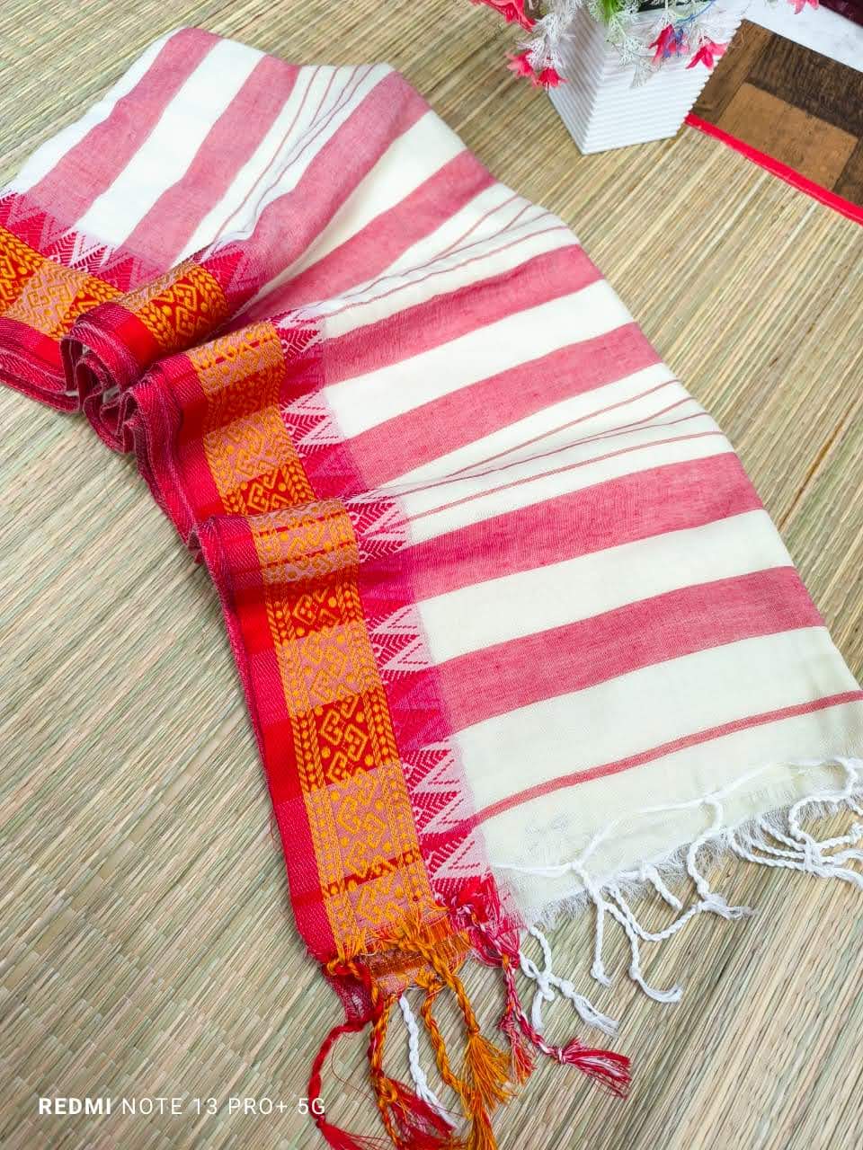 Khadi Cotton : Traditional White and Red Saree
