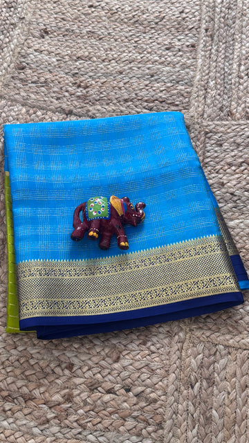 SIRI MOHINI | Parrot Green with Electric Blue Gold Zari Border