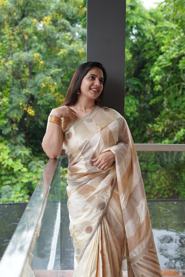 SIRI VANI | Semi Silk Solid Ivory White with Champagne Beige & Silver Zari