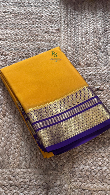 SIRI VAIBHAVA | Pure Mysore Crepe Silk Saree - Mustard Yellow and Purple Border
