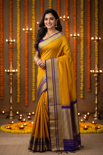 SIRI VAIBHAVA | Pure Mysore Crepe Silk Saree - Mustard Yellow and Purple Border