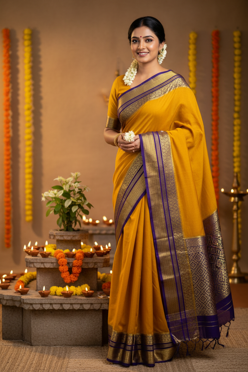 SIRI VAIBHAVA | Pure Mysore Crepe Silk Saree - Mustard Yellow and Purple Border