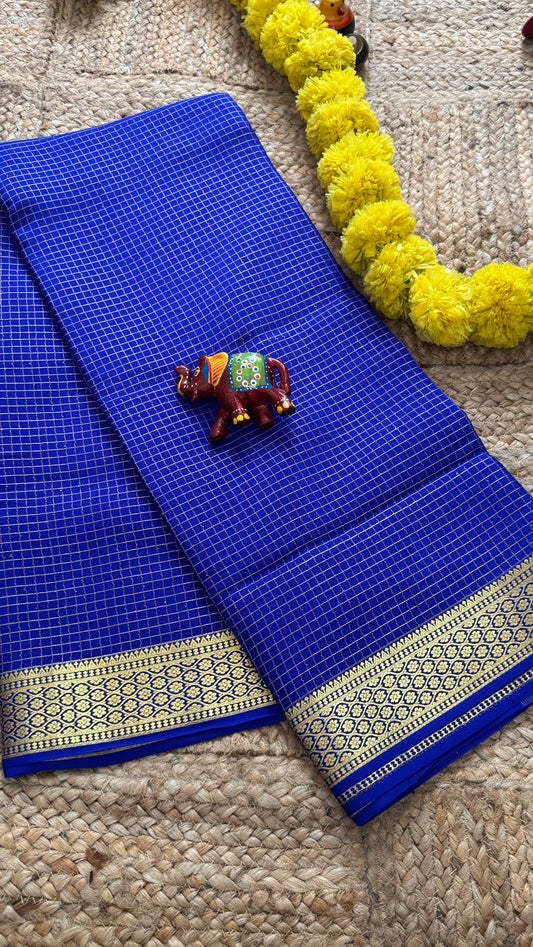 Pure Mysore Silk Sarees - Bespoke Drapes - Royal Blue Checkered