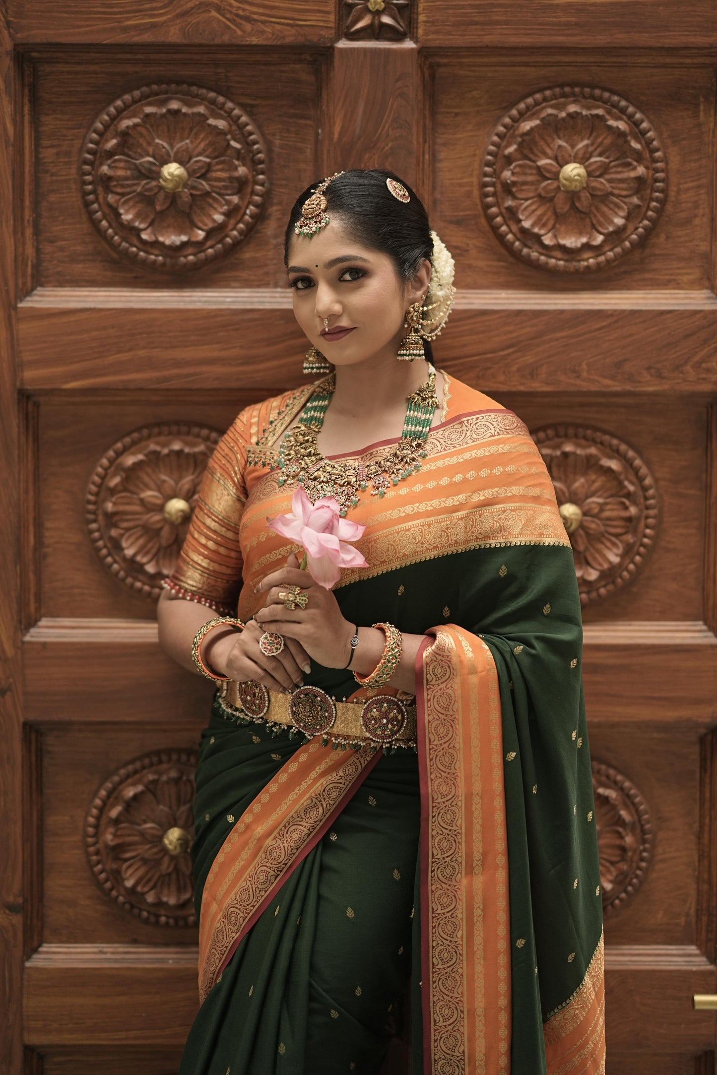3.Pure Mysore Silk Sarees - Bespoke Drapes - Dark Green & Orange & Red