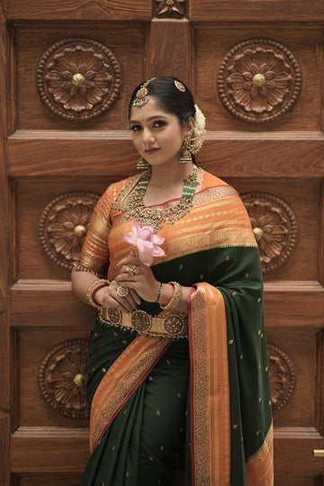 3.Pure Mysore Silk Sarees - Bhavya Bespoke Drapes - Dark Green & Orange & Pink
