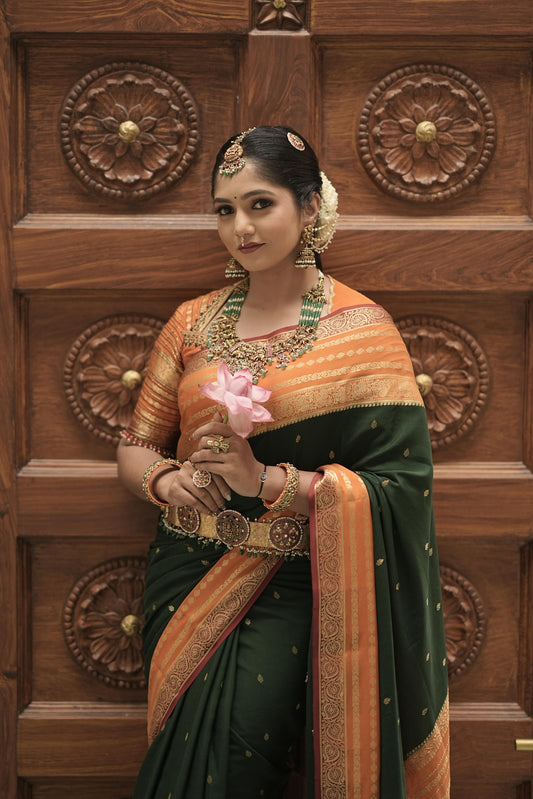 3.Pure Mysore Silk Sarees - Bespoke Drapes - Dark Green & Orange & Red