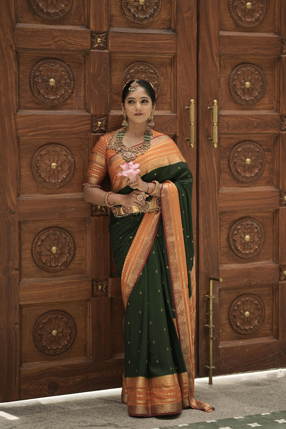 3.Pure Mysore Silk Sarees - Bhavya Bespoke Drapes - Dark Green & Orange & Pink