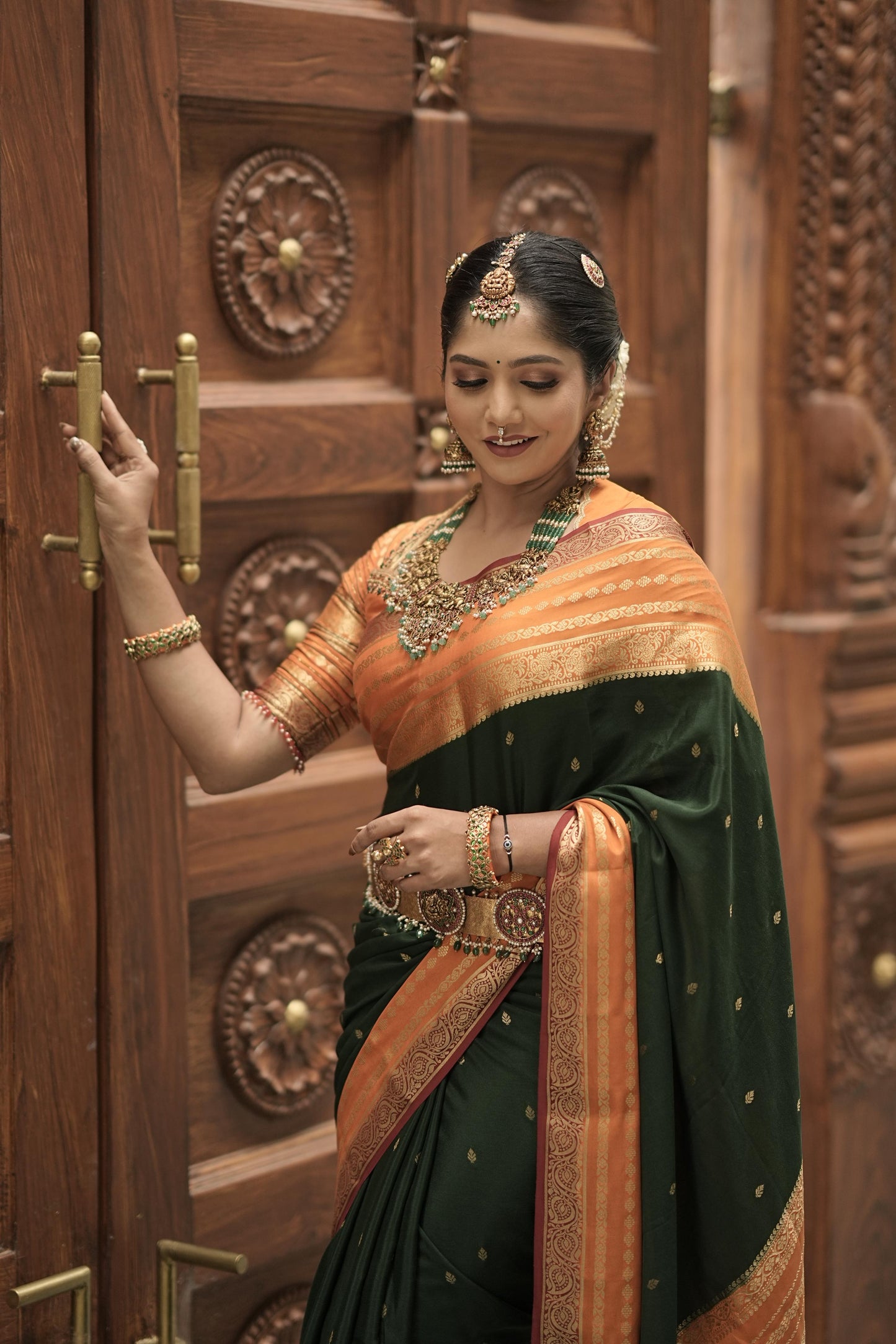3.Pure Mysore Silk Sarees - Bespoke Drapes - Dark Green & Orange & Red