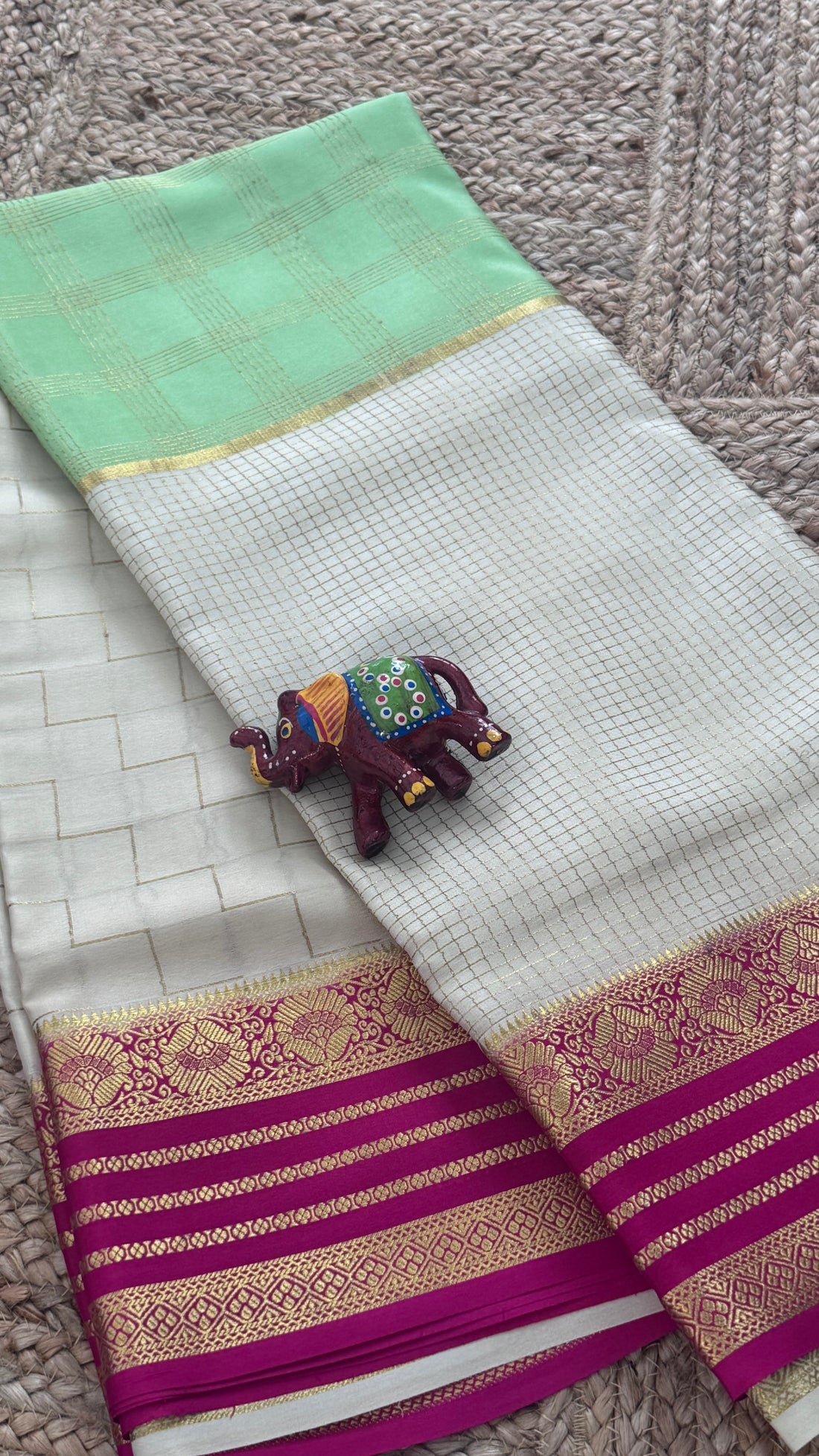 SIRI MOHINI | Mint Green with Ivory White & Rani Pink Gold Zari Border