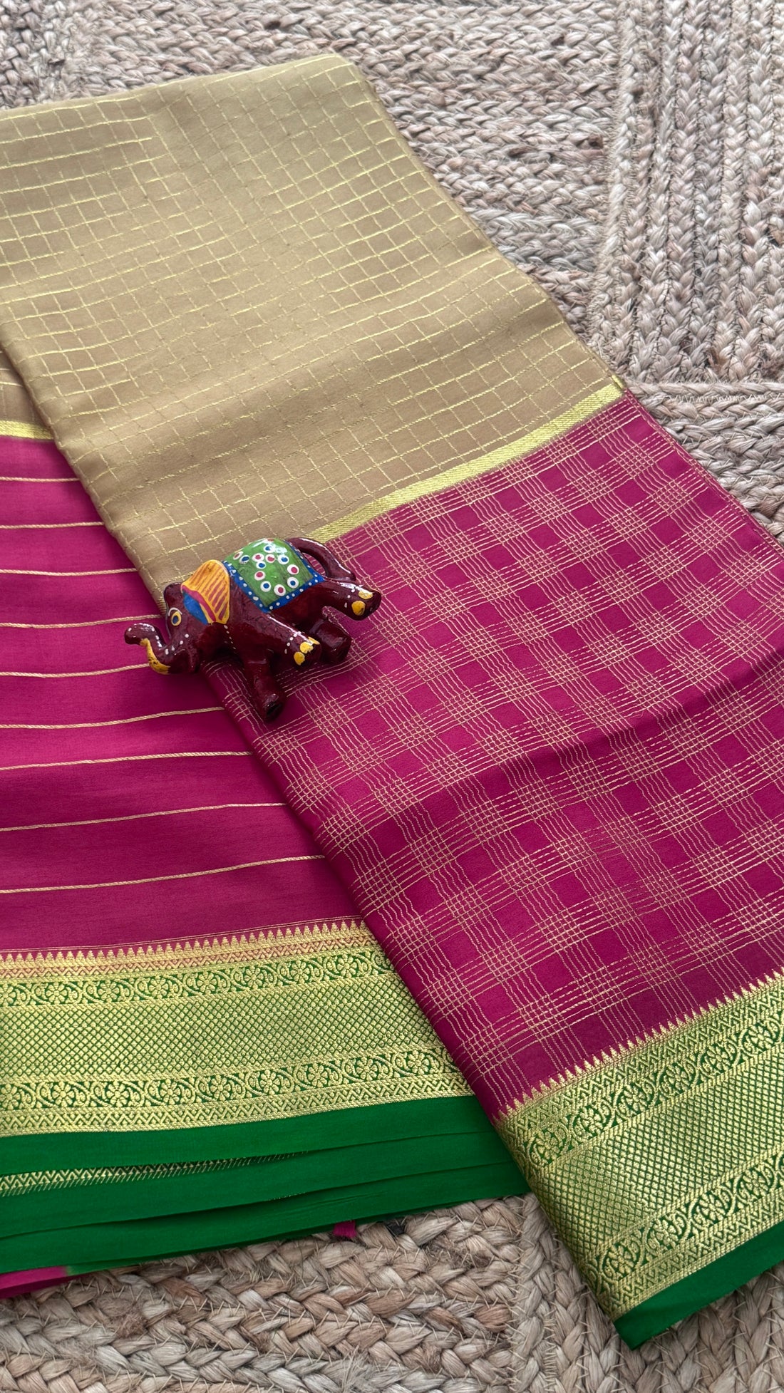 SIRI MOHINI | Beige Gold with Rani Pink & Emerald Green Gold Zari Border