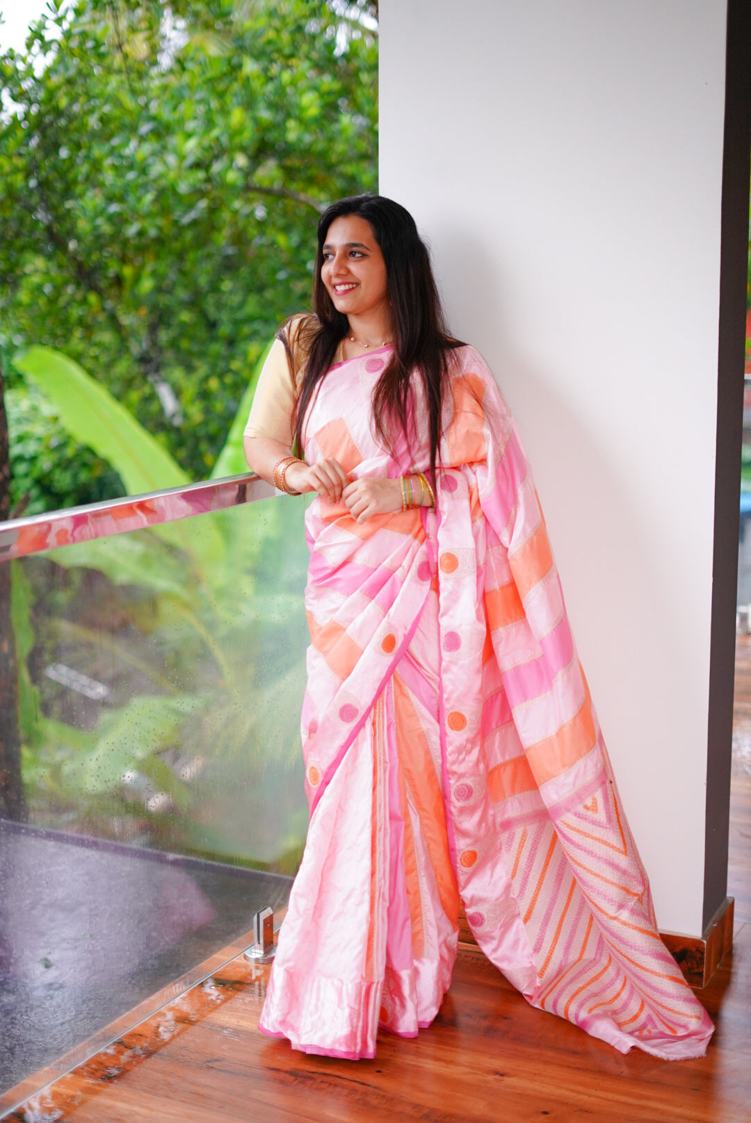 SIRI VANI | Semi Silk Solid Blush Pink with Peach Accents and Silver Zari