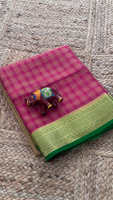 SIRI MOHINI | Beige Gold with Rani Pink & Emerald Green Gold Zari Border