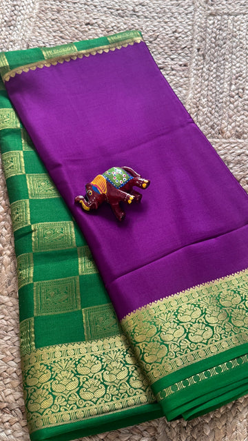 SIRI ROYAL | Mysore Silk Saree Royal Purple with Emerald Green Gold Zari Border