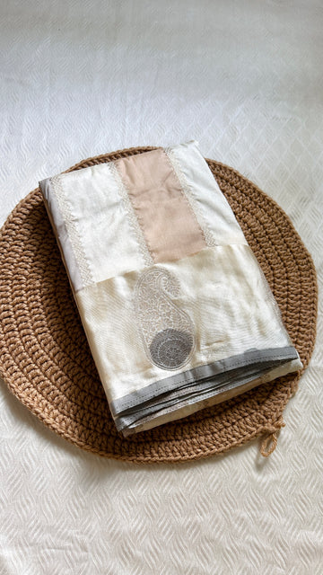 SIRI RADHA | Semi Silk Solid Ivory White with Champagne Beige & Silver Zari