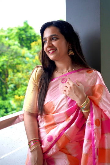 SIRI VANI | Semi Silk Solid Blush Pink with Peach Accents and Silver Zari