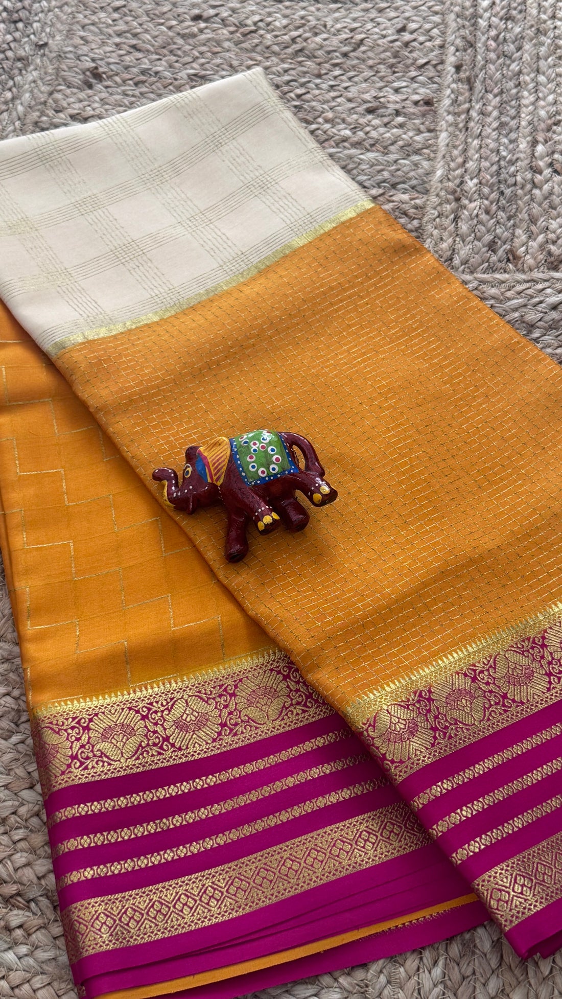 SIRI MOHINI | Mustard Orange with Ivory White & Rani Pink Gold Zari Border