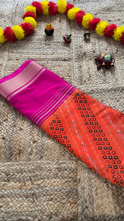 Digital Print 2D Saree - Orange and Pink