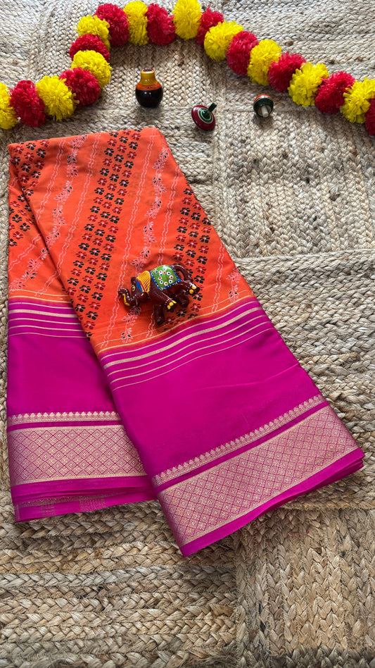 Digital Print 2D Saree - Orange and Pink
