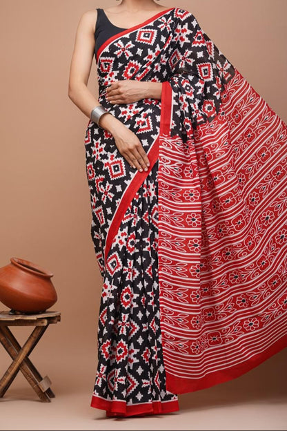 Mul Mul Cotton Sarees - Black and Pink
