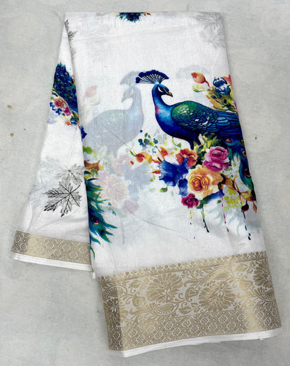 Dola Silk Jacquard Sarees - White with peacock print