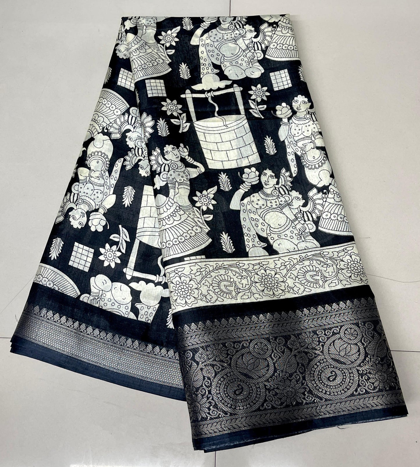 Dola Silk Jacquard Sarees - Black & White with print