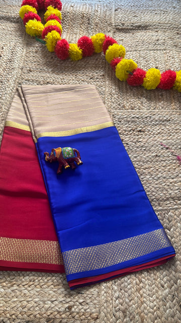 New Collections - Mysore Silk 3D Blue, Beige and Red