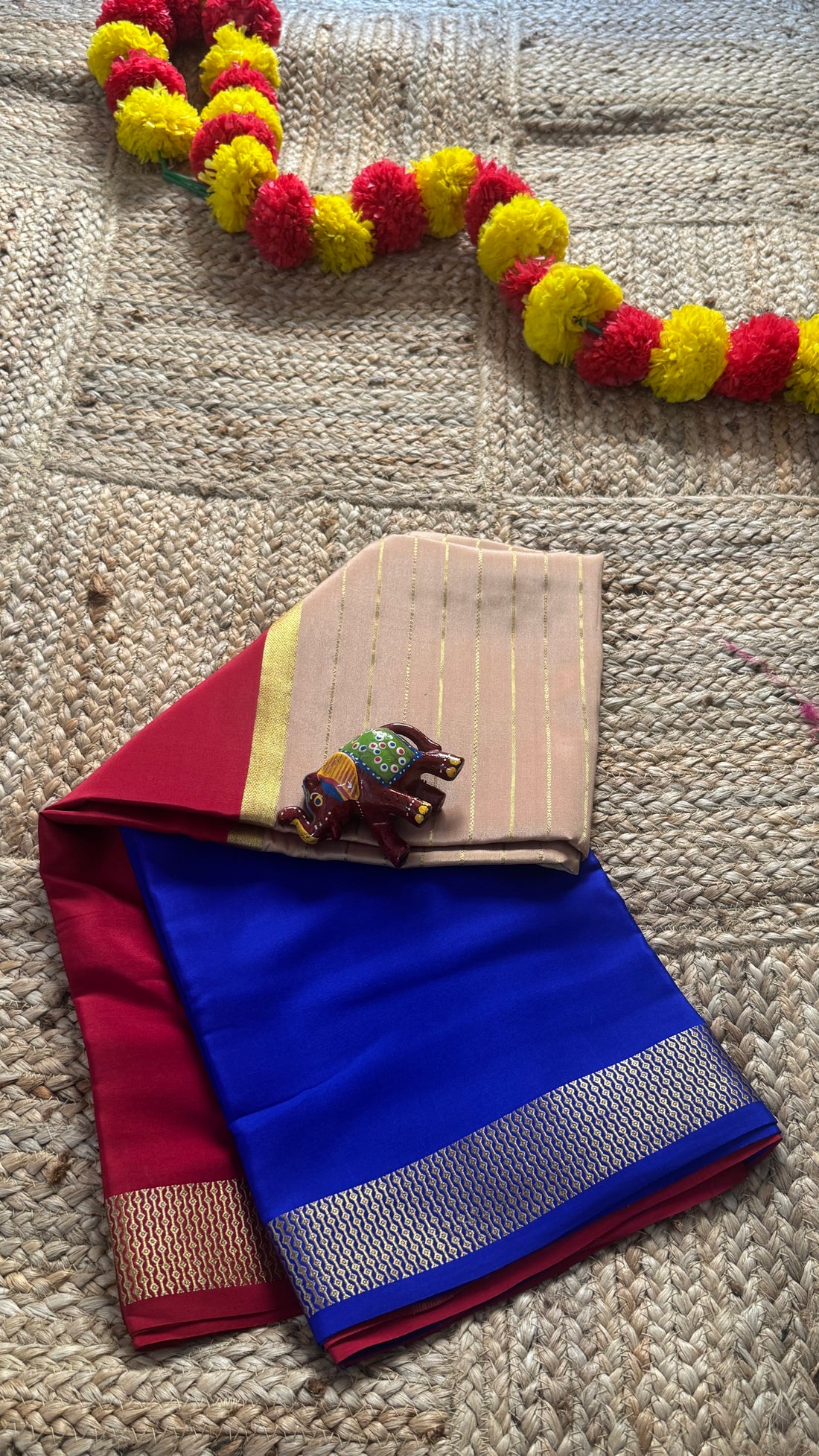 New Collections - Mysore Silk 3D Blue, Beige and Red