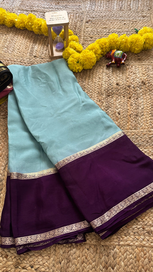 Wrinkle Crepe Silk Saree - Teal + Purple
