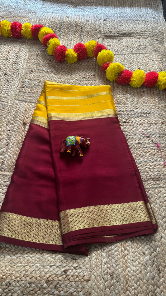Suryaprada Collections - Mysore Silk Centre Line Mustard Yellow and Maroon