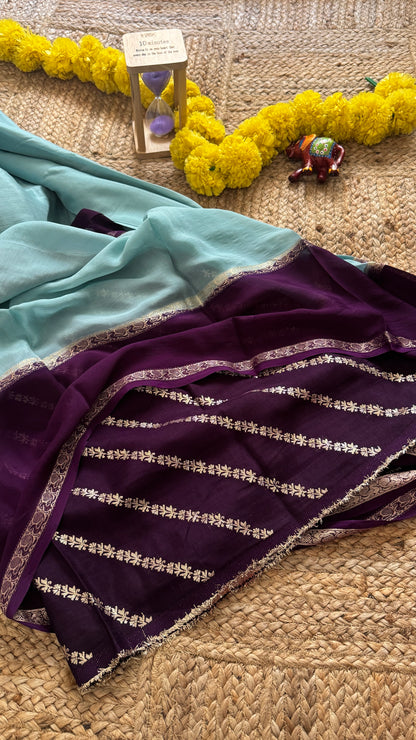 Wrinkle Crepe Silk Saree - Teal + Purple